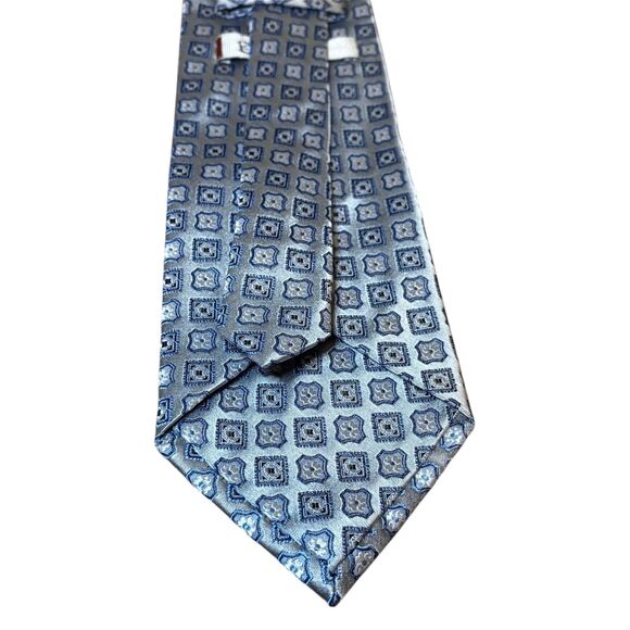 Burma Bibas Silk Tie Silver Blue Geometric Square Pattern Formal Business - Picture 2 of 8